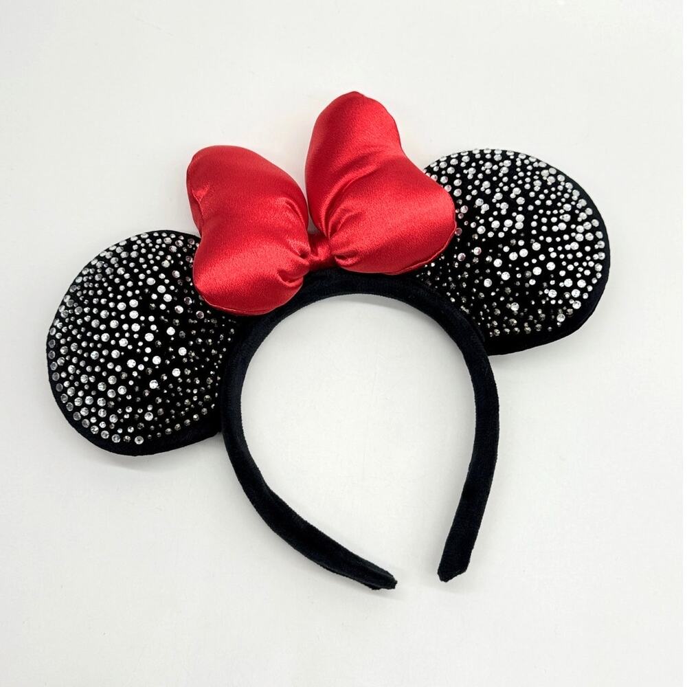Disney Minnie Mouse Sparkly Rhinestone Ears Headband With Red Plush Bow